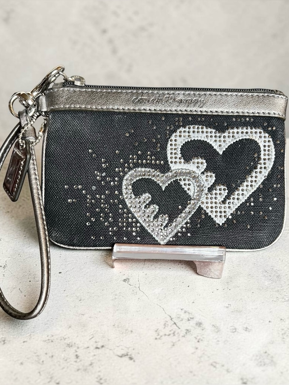 Coach Poppy Black Heart Rhinestone Embellishments Wristlet